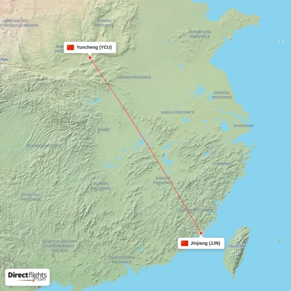 Yuncheng - Jinjiang direct flight map