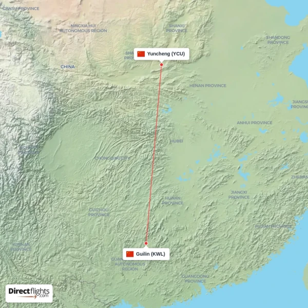 Yuncheng - Guilin direct flight map