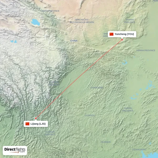Yuncheng - Lijiang direct flight map