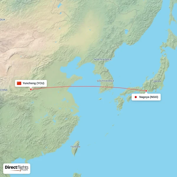 Yuncheng - Nagoya direct flight map