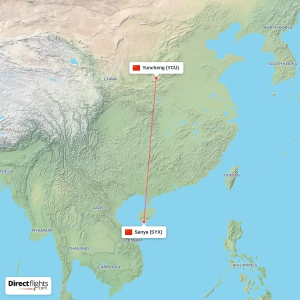 Yuncheng - Sanya direct flight map