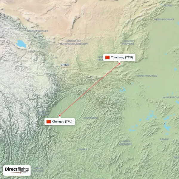 Yuncheng - Chengdu direct flight map