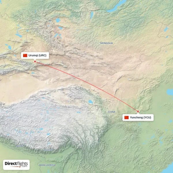 Yuncheng - Urumqi direct flight map