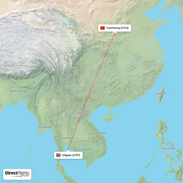Yuncheng - Utapao direct flight map