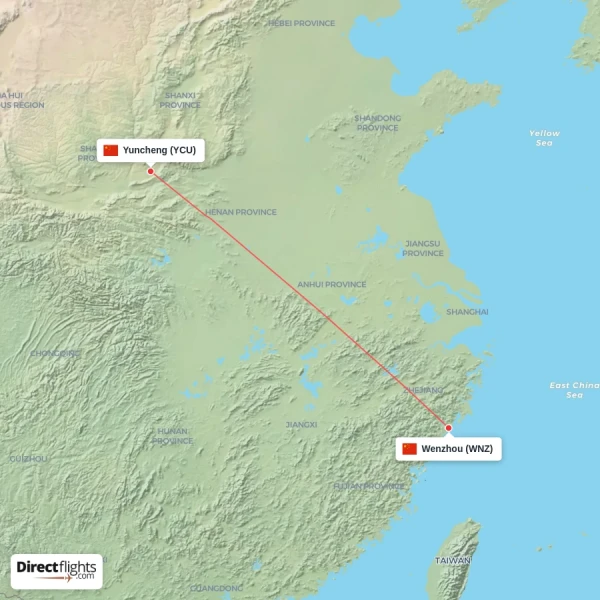 Yuncheng - Wenzhou direct flight map