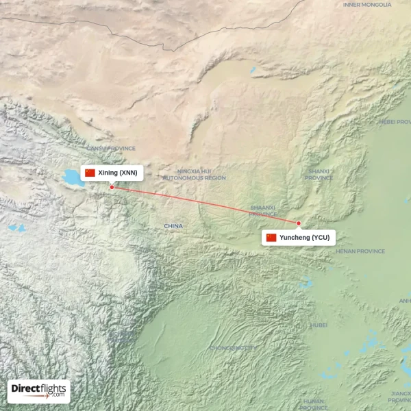 Yuncheng - Xining direct flight map