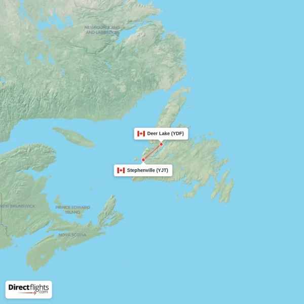 Deer Lake - Stephenville direct flight map