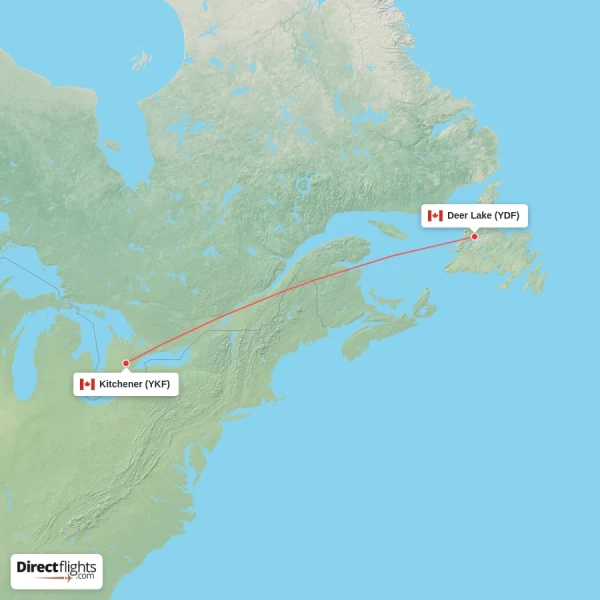 Deer Lake - Kitchener direct flight map