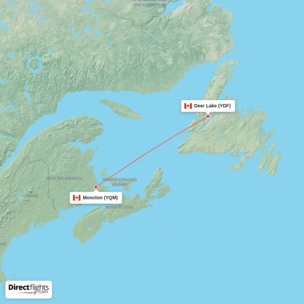 Deer Lake - Moncton direct flight map