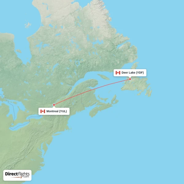 Deer Lake - Montreal direct flight map