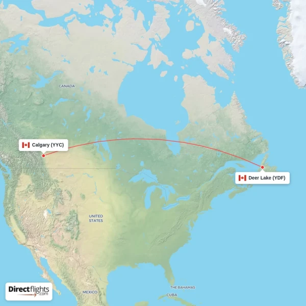 Deer Lake - Calgary direct flight map