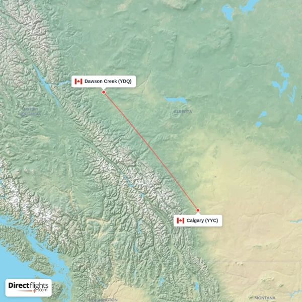 Dawson Creek - Calgary direct flight map