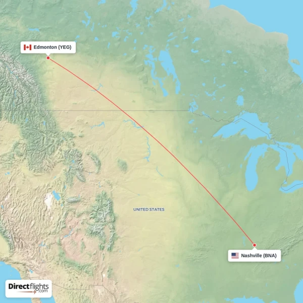 Edmonton - Nashville direct flight map