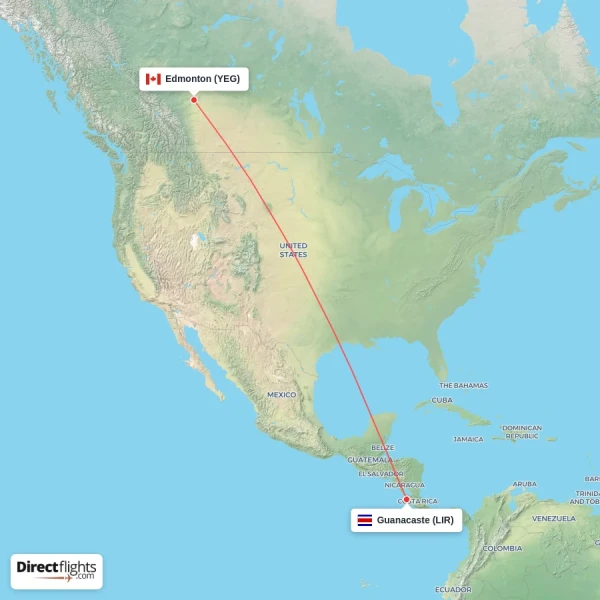 Edmonton - Guanacaste direct flight map