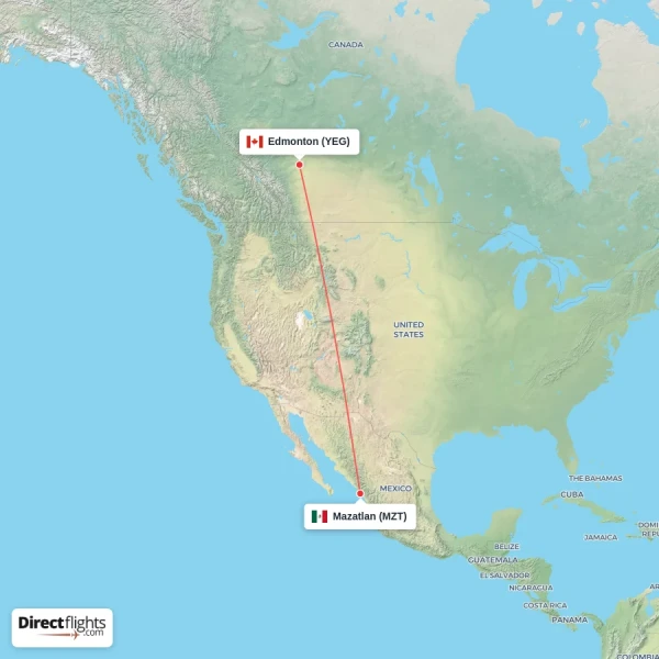 Edmonton - Mazatlan direct flight map