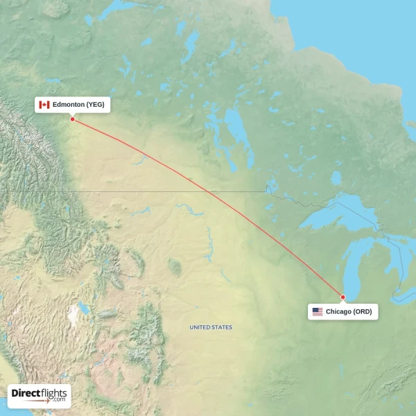 Edmonton - Chicago direct flight map