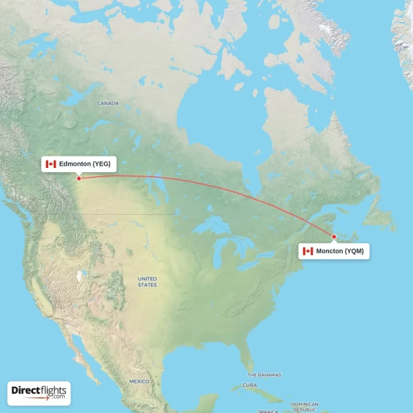 Edmonton - Moncton direct flight map