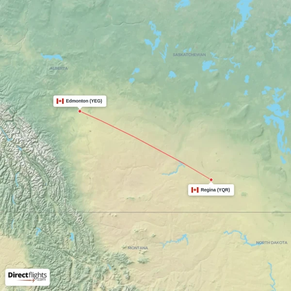 Edmonton - Regina direct flight map