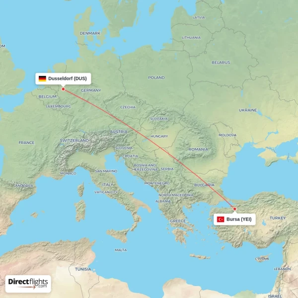 Bursa - Dusseldorf direct flight map