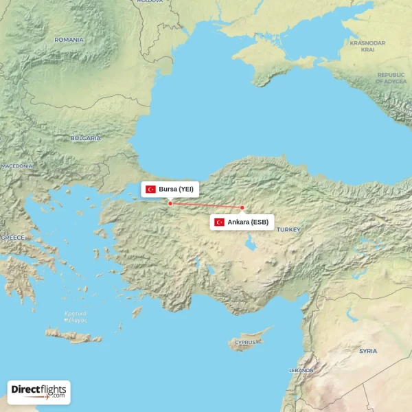 Bursa - Ankara direct flight map