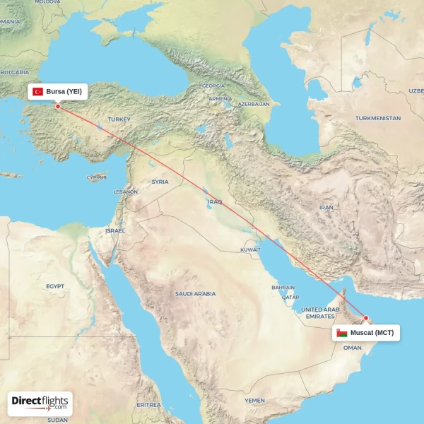 Bursa - Muscat direct flight map