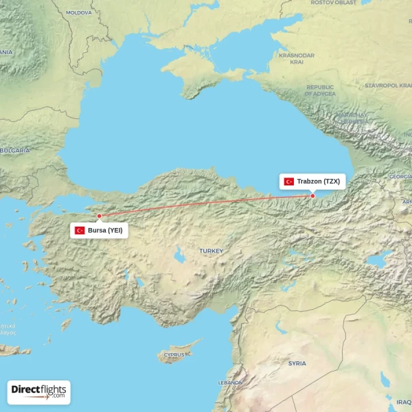 Bursa - Trabzon direct flight map