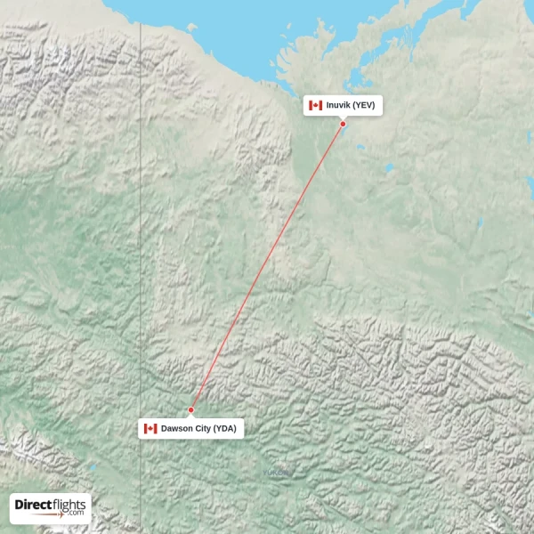 Inuvik - Dawson City direct flight map