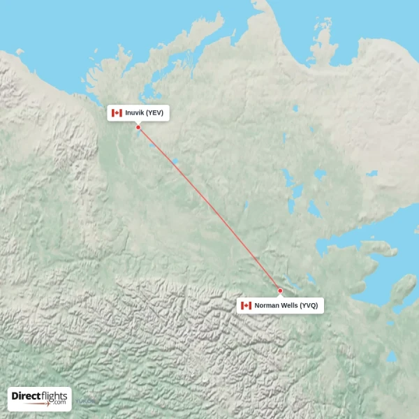 Inuvik - Norman Wells direct flight map