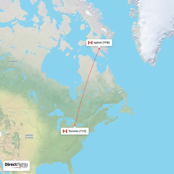 Iqaluit - Toronto direct flight map