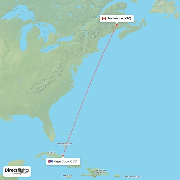 Fredericton - Cayo Coco direct flight map