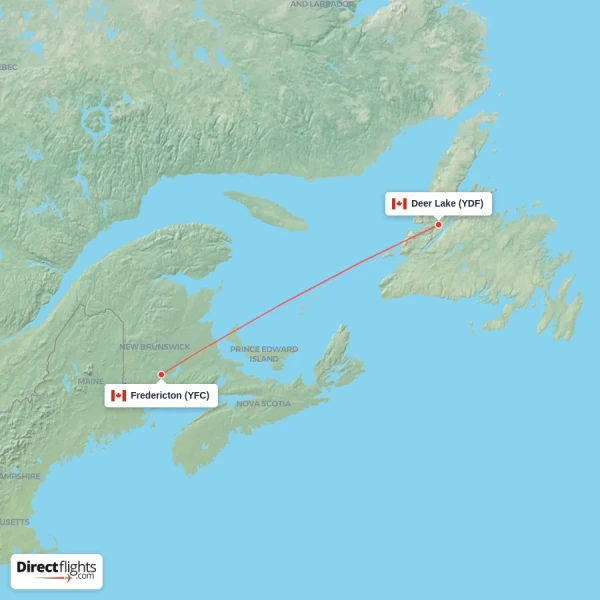 Fredericton - Deer Lake direct flight map
