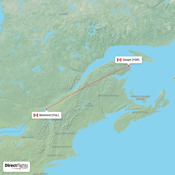 Gaspe - Montreal direct flight map