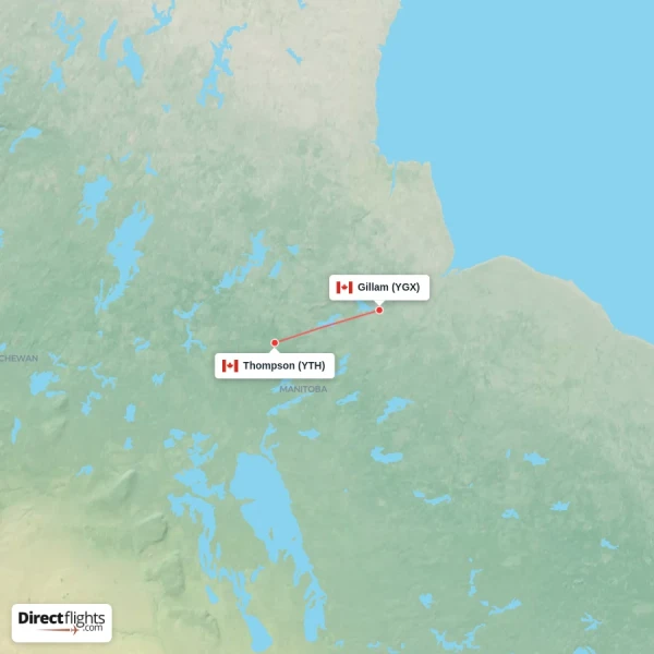 Gillam - Thompson direct flight map