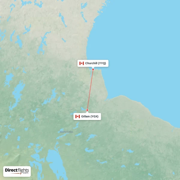 Gillam - Churchill direct flight map
