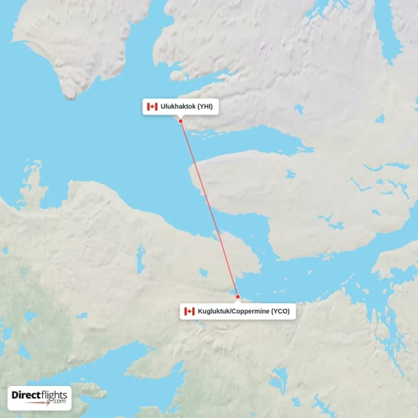 Ulukhaktok - Kugluktuk/Coppermine direct flight map