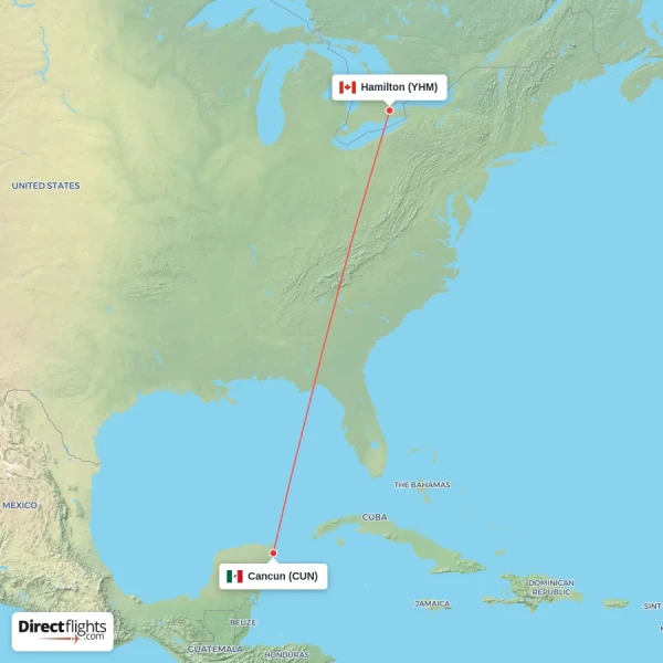 Hamilton - Cancun direct flight map