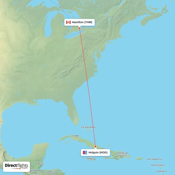 Hamilton - Holguin direct flight map