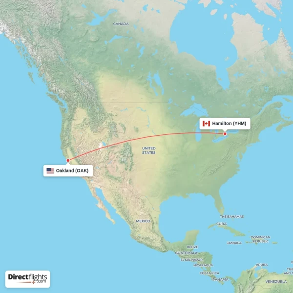 Hamilton - Oakland direct flight map