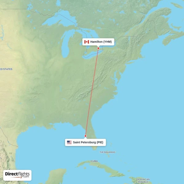 Hamilton - Saint Petersburg direct flight map