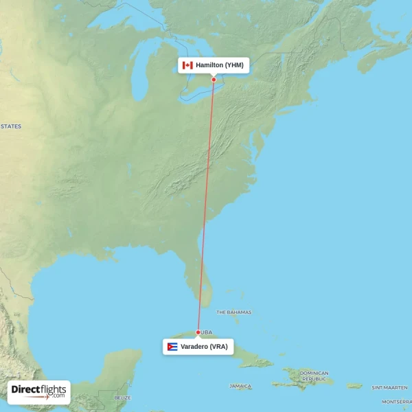 Hamilton - Varadero direct flight map