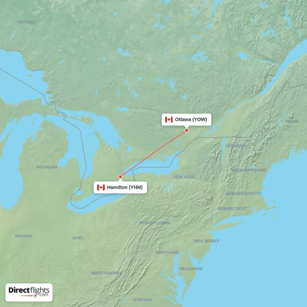 Hamilton - Ottawa direct flight map
