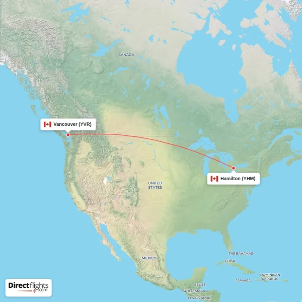 Hamilton - Vancouver direct flight map