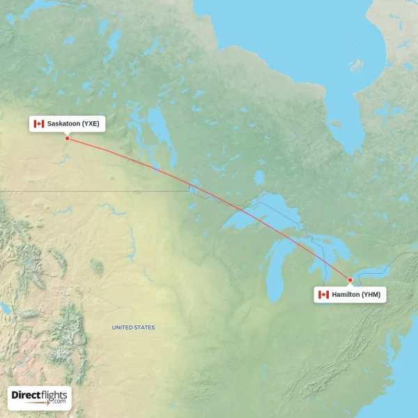 Hamilton - Saskatoon direct flight map