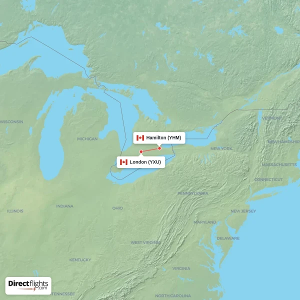Hamilton - London direct flight map