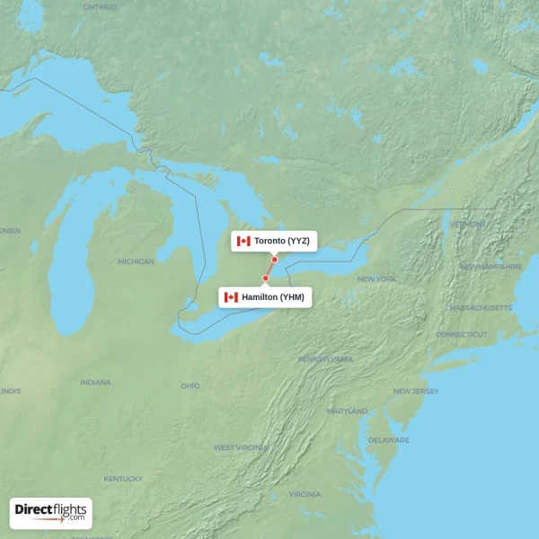 Hamilton - Toronto direct flight map
