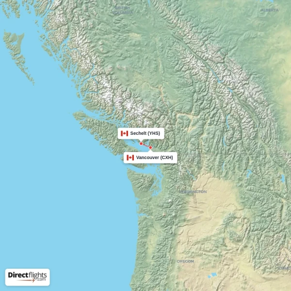 Sechelt - Vancouver direct flight map