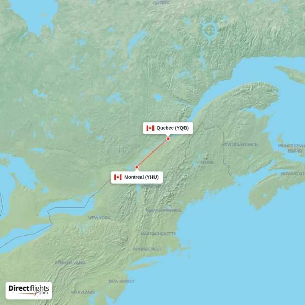 Montreal - Quebec direct flight map
