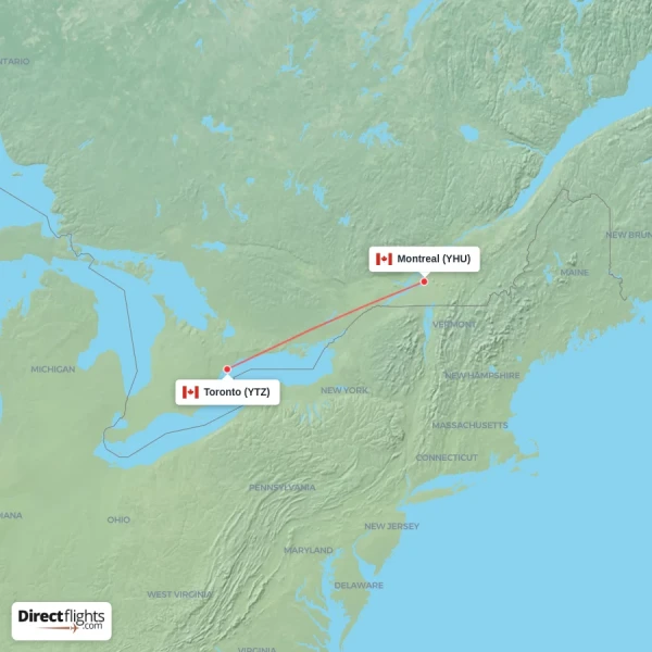 Montreal - Toronto direct flight map