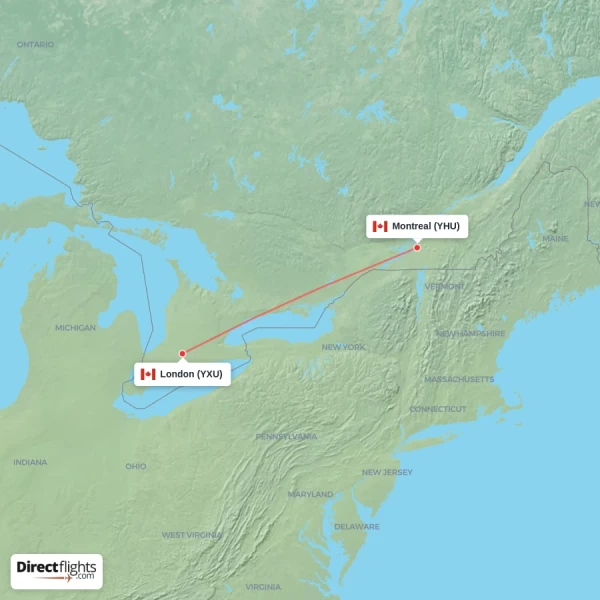 Montreal - London direct flight map