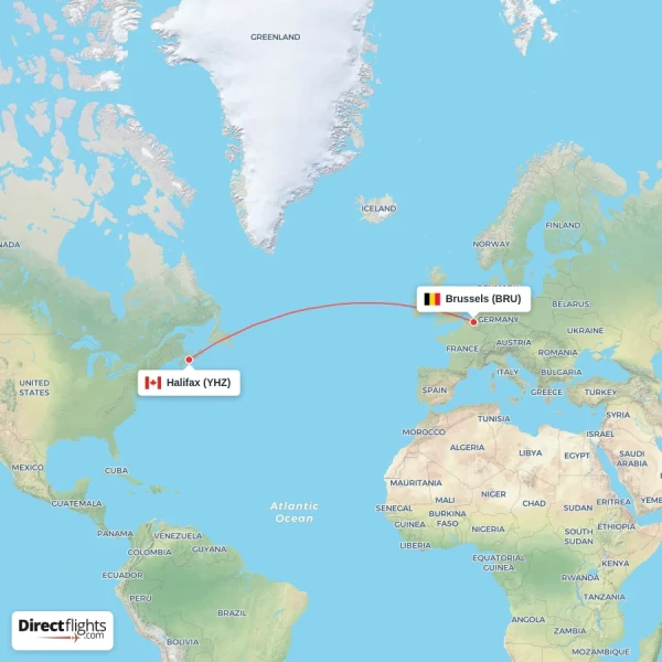 Halifax - Brussels direct flight map